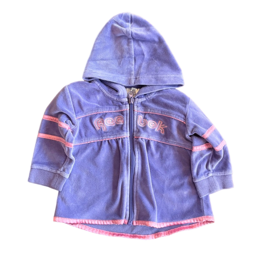 Vintage Kids Reebok Y2K Girls Pink + Purple Velvet Hooded Zip Up Jacket Size 12M